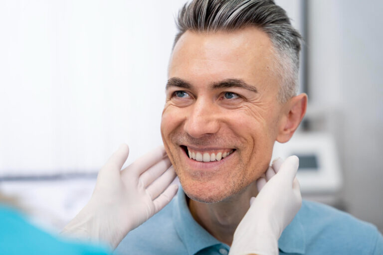 Homem de meia-idade sorrindo satisfeito enquanto dentista avalia resultado de protocolo de porcelana na Clínica Aoun em Guarulhos.