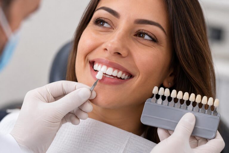 Dentista comparando a cor dos dentes de uma paciente sorridente com escala de cores para facetas de resina em Guarulhos.